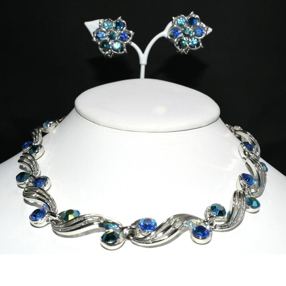 Blue Aurora Borealis Rhinestone Choker Necklace Earrings, Rhodium Plated, 1950s